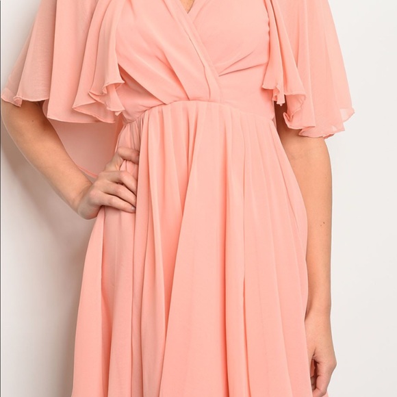 ❌DONATED❌Peach Chiffon Overlay Ruffled Empire Waist Lined Dress - Picture 2 of 7